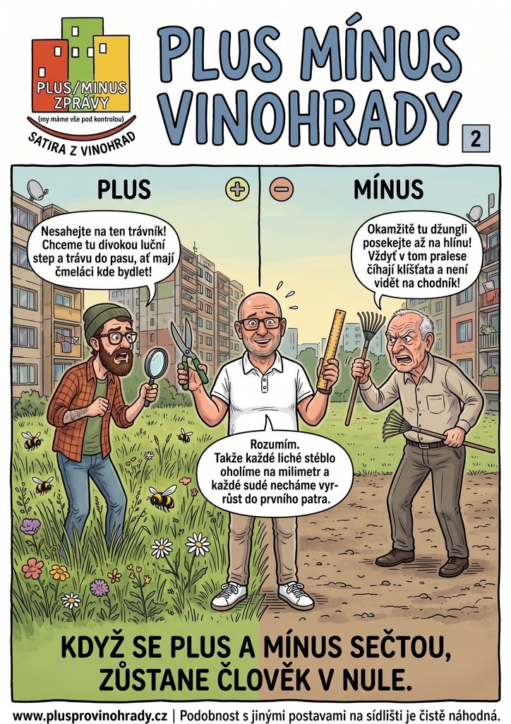 Satirický komiks Plus Mínus Vinohrady – Díl 2.: Sečení trávy na sídlišti a fiktivní spor o trávník.