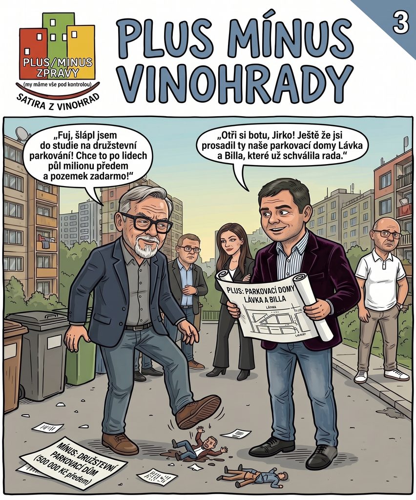 Satirický komiks Plus Mínus Vinohrady – Díl 3.: Parkovací dům Lávka oproti studii na družstevní parkovací dům s akontací 500 000 Kč.