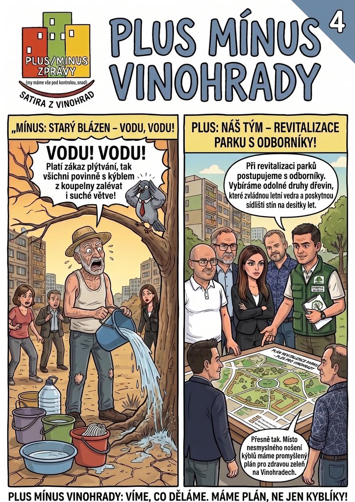 Satirický komiks Plus Mínus Vinohrady – Díl 4.: Zalévání stromů kýblem z koupelny oproti plánu revitalizace parku s odborníky.