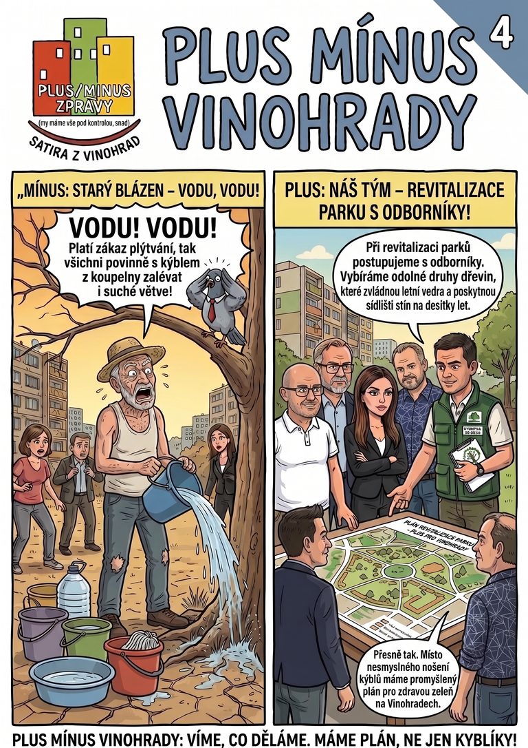 Satirický komiks Plus Mínus Vinohrady – Díl 4.: Zalévání stromů kýblem z koupelny oproti plánu revitalizace parku s odborníky.
