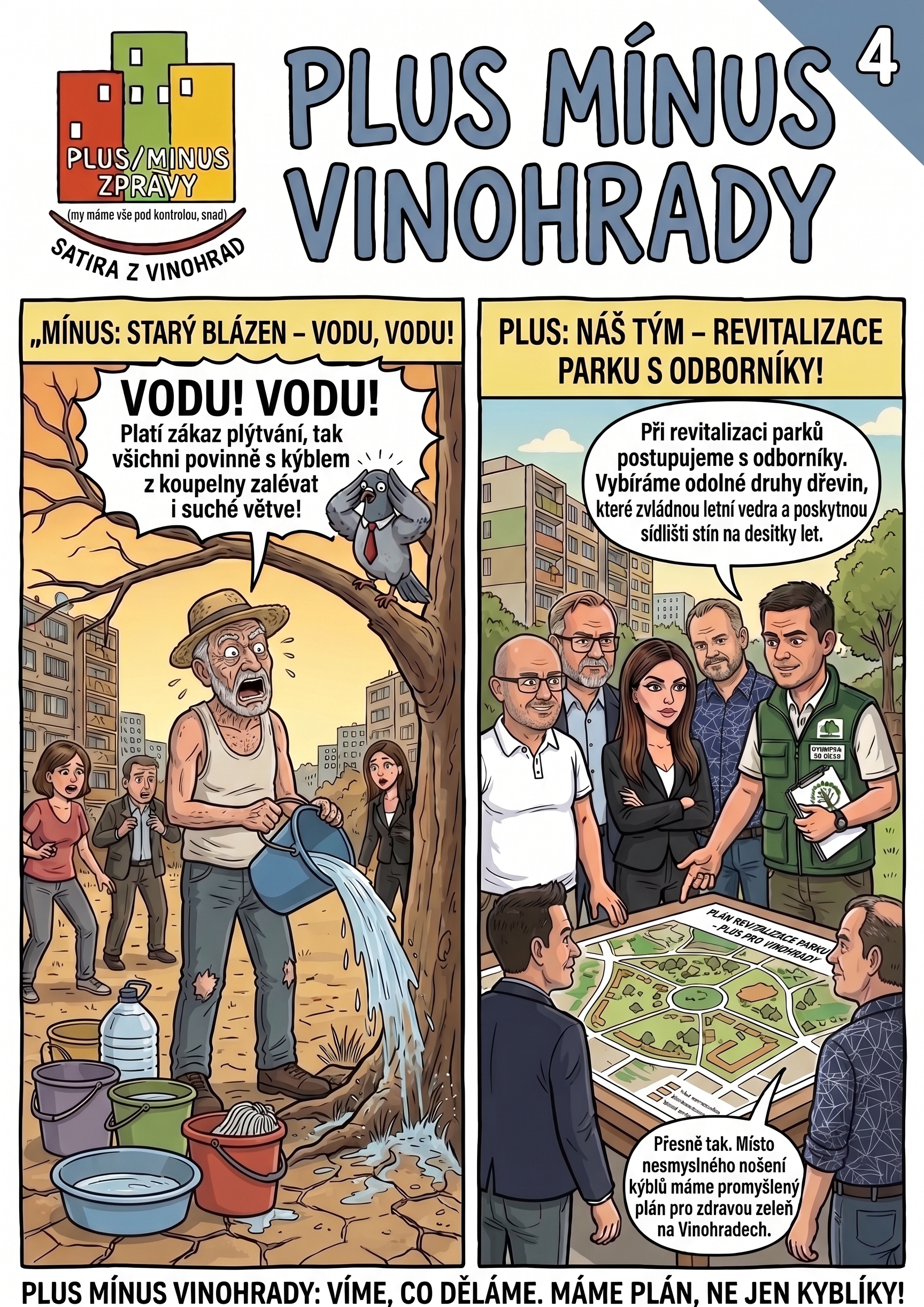 Satirický komiks Plus Mínus Vinohrady – Díl 4.: Zalévání stromů kýblem z koupelny oproti plánu revitalizace parku s odborníky.