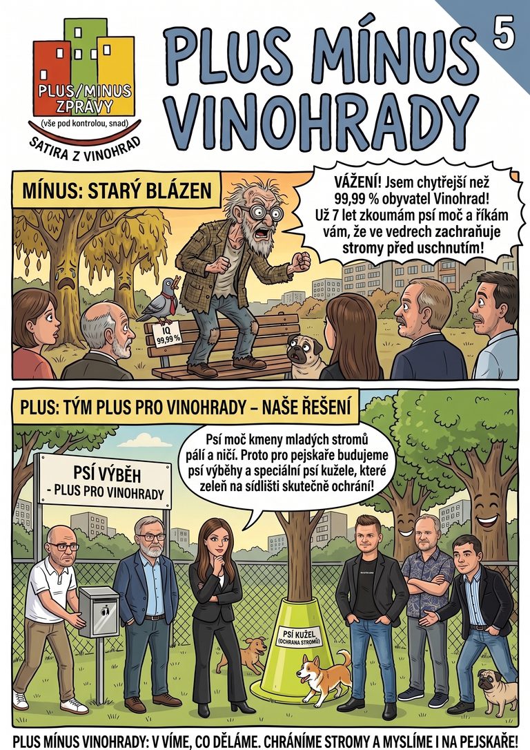 Satirický komiks Plus Mínus Vinohrady – Díl 5.: Psí výběh a ochranný psí kužel oproti teorii, že psí moč zachraňuje stromy.