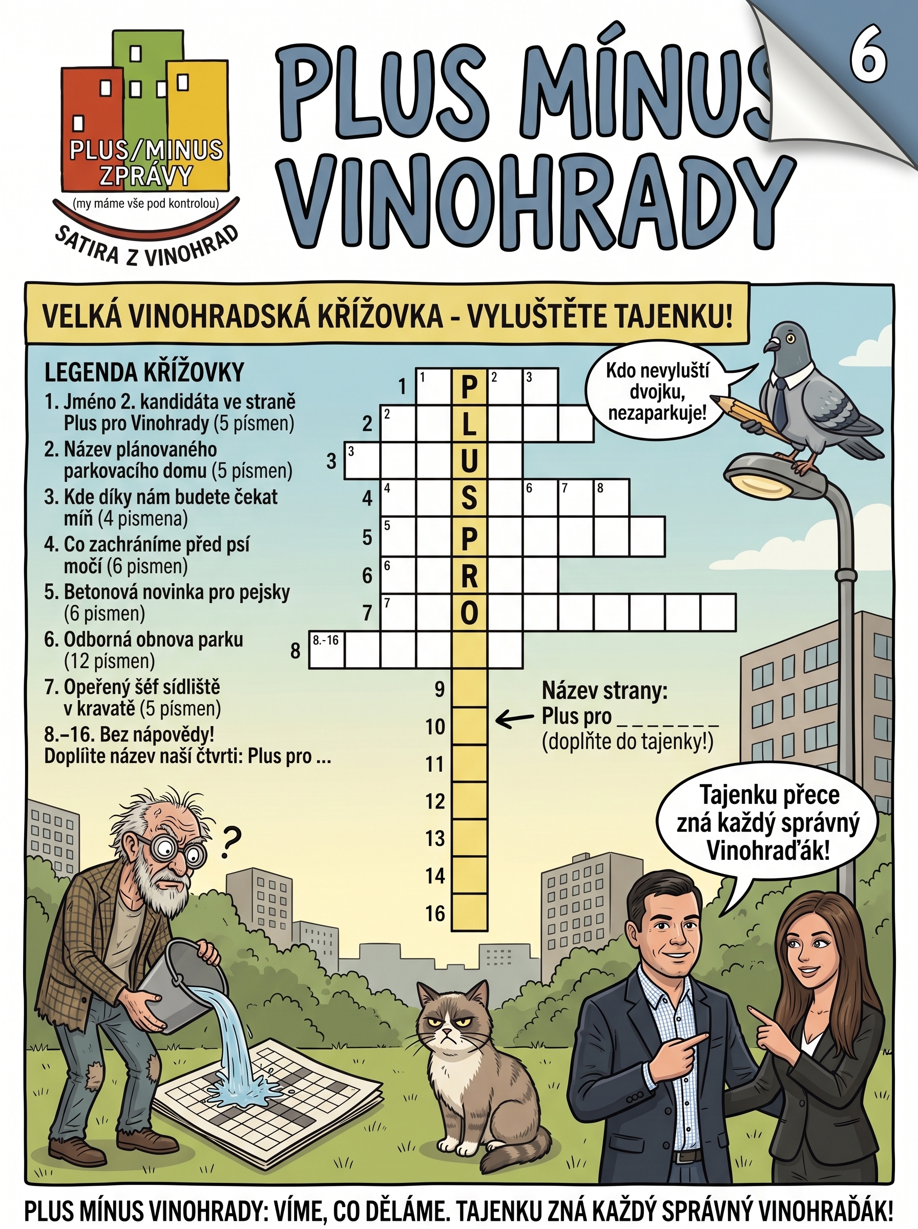 Satirický komiks Plus Mínus Vinohrady – Díl 6.: Velká vinohradská křížovka s tajenkou Plus pro Vinohrady.