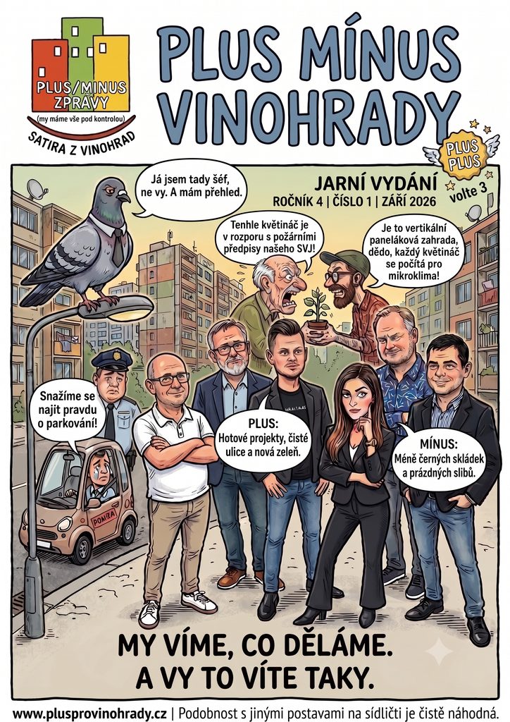 Satirický komiks Plus pro Vinohrady – obálka občasníku Plus Mínus Vinohrady (září 2026) s nadsázkou zobrazující fiktivní situace kolem parkování, SVJ a života na sídlišti.