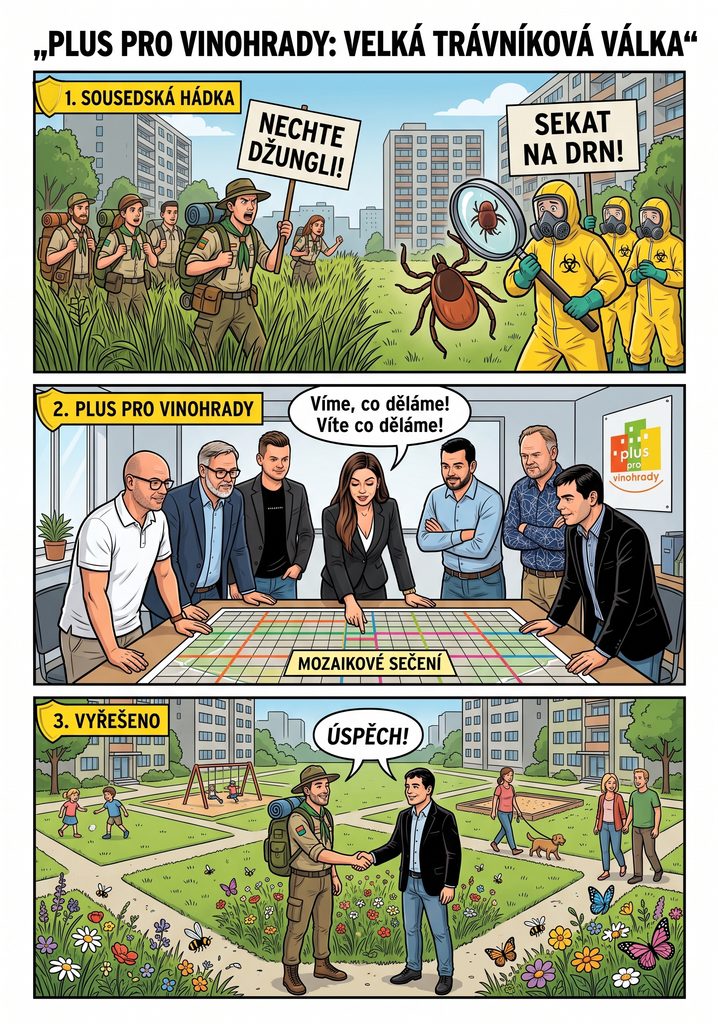 Mozaikové sečení trávníků v komiksu Plus pro Vinohrady – velká trávníková válka