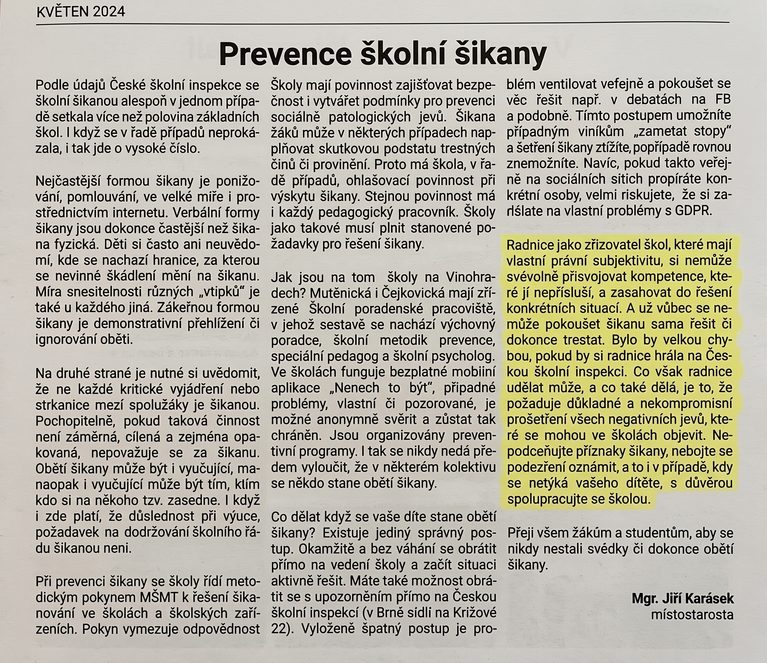 Prevence školní šikany na Vinohradech - článek místostarosty Jiřího Karáska z května 2024